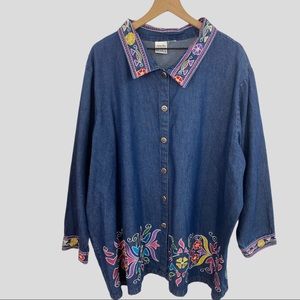Vintage 90s Main Street Blues Denim Multicolor Floral Embroidered Shirt Jacket